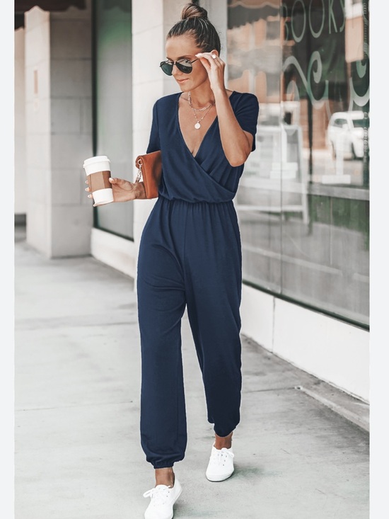 Cupshe Pants - Cupshe Navy Wrap Surplice Elastic-Waist Jogger Jumpsuit